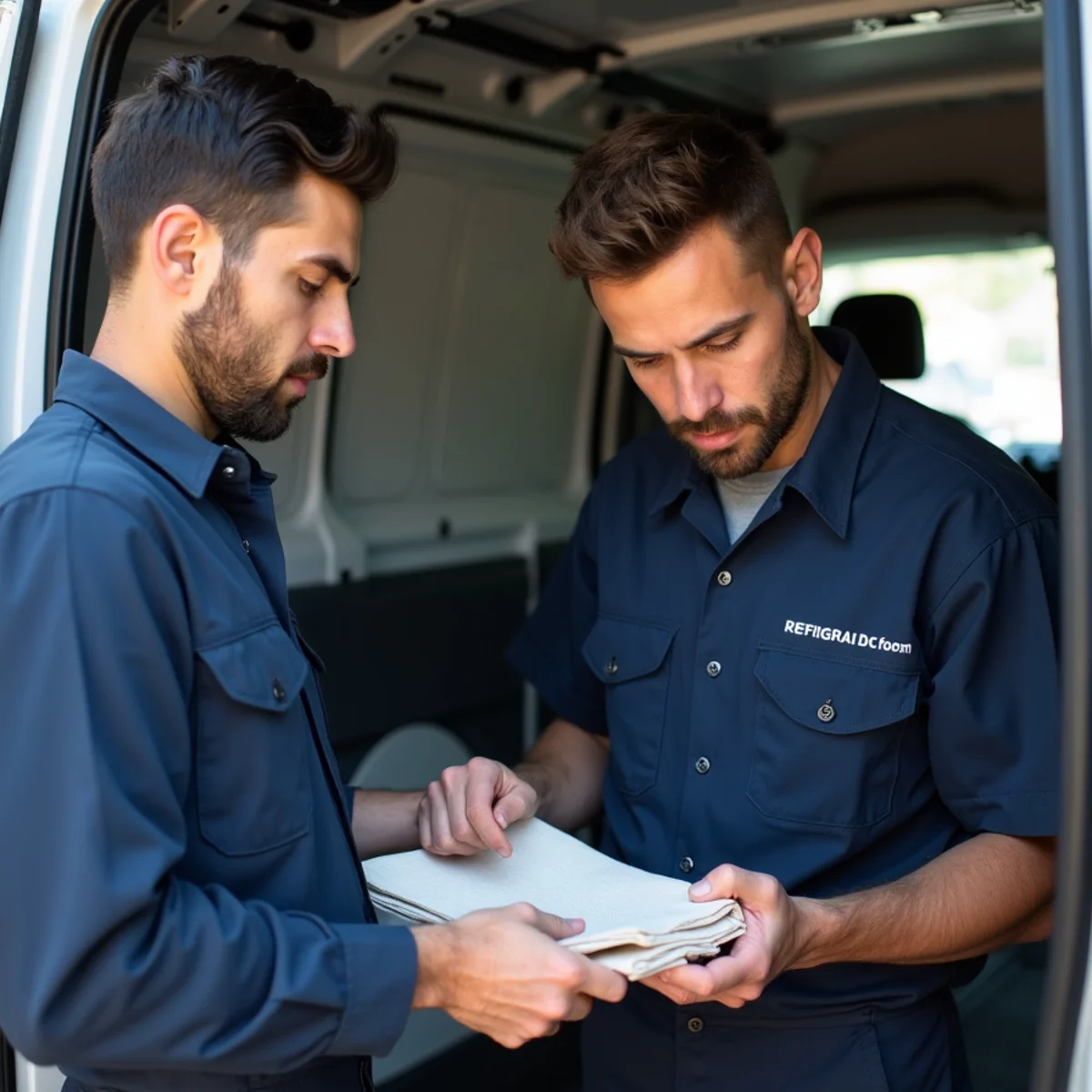 Uniformed licensed HVAC contractors reviewing service orders at fleet vehicle