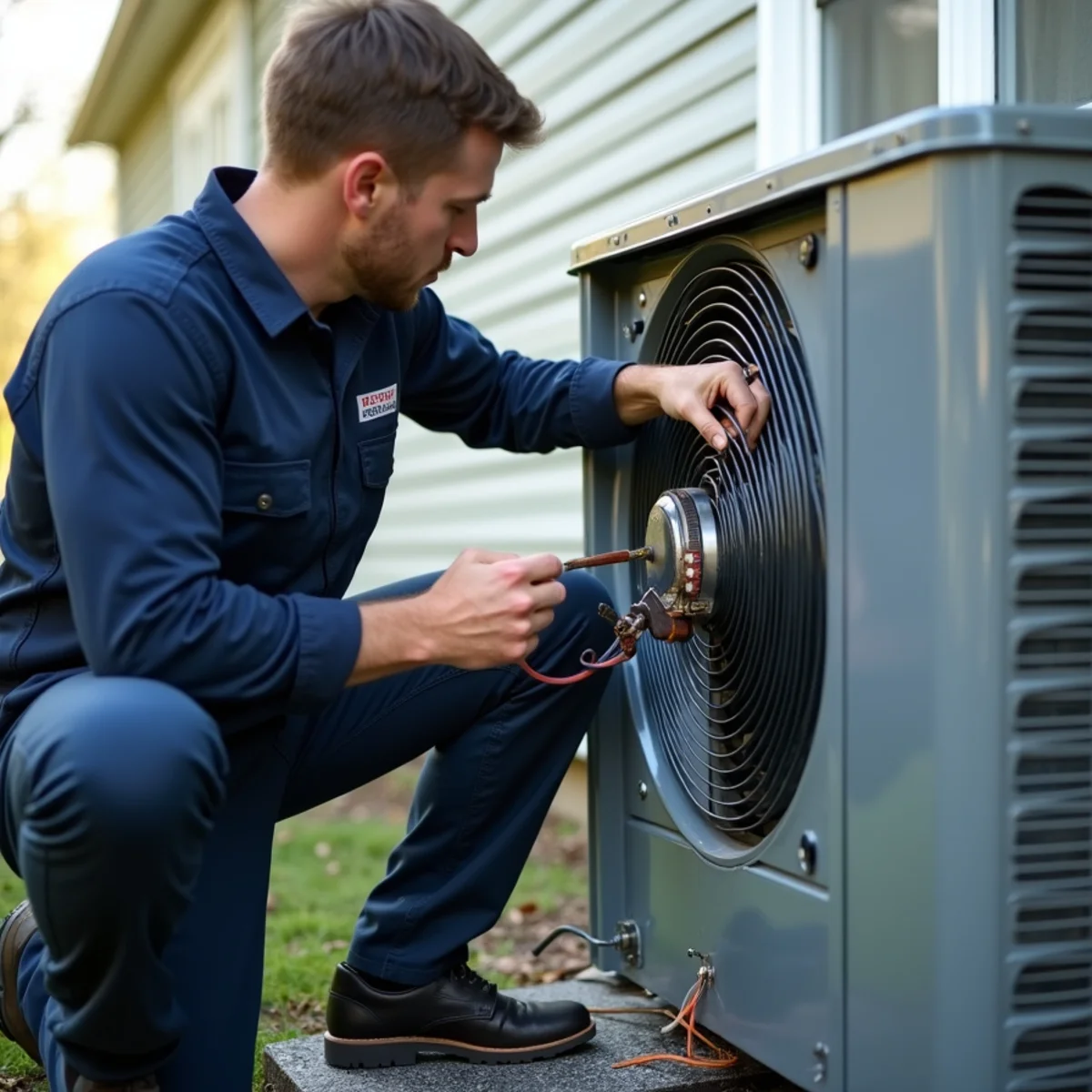 Technician replacing outdoor AC condenser fan motor and dual run capacitor