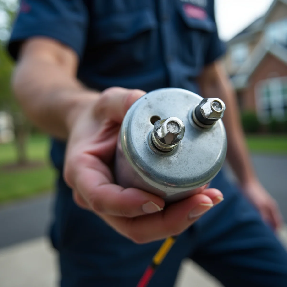 Testing bulged round dual-run capacitor terminals with digital capacitance meter