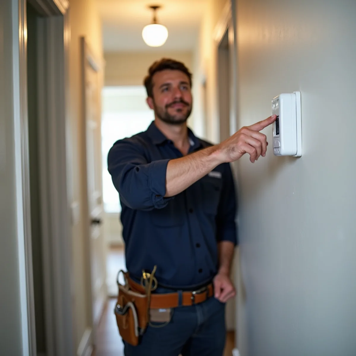 Mounting low-level carbon monoxide detector in residential hallway near bedrooms