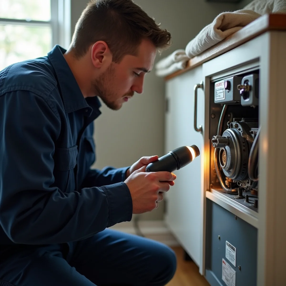 Inspecting mud and water lines on submerged heating equipment cabinet after storm