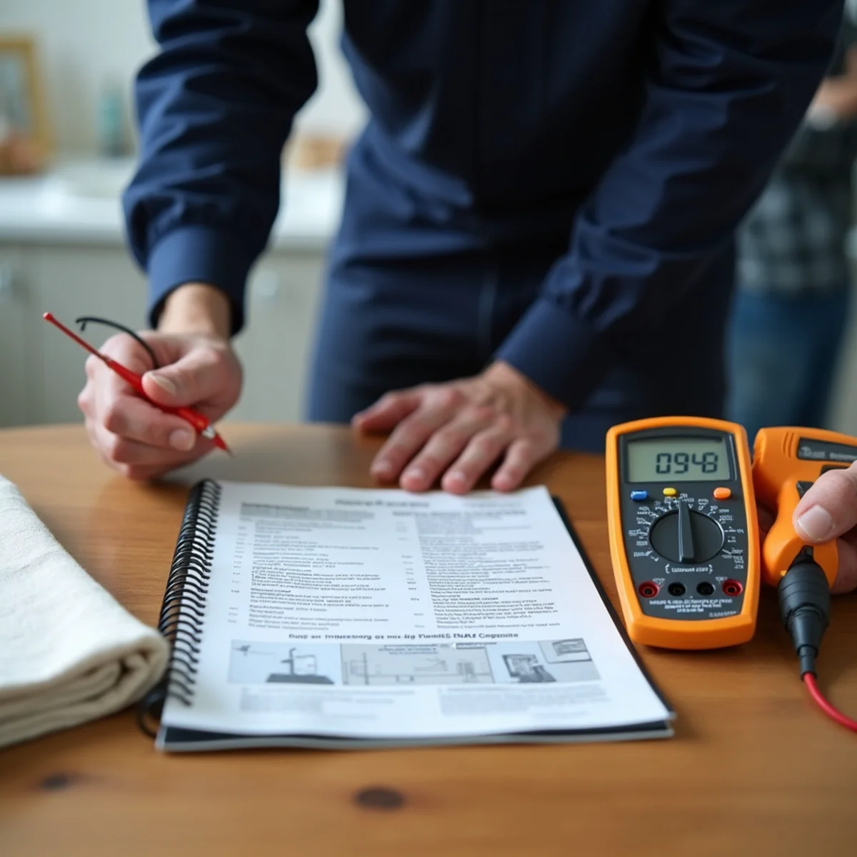 HVAC technical manual and diagnostics tablet on workbench