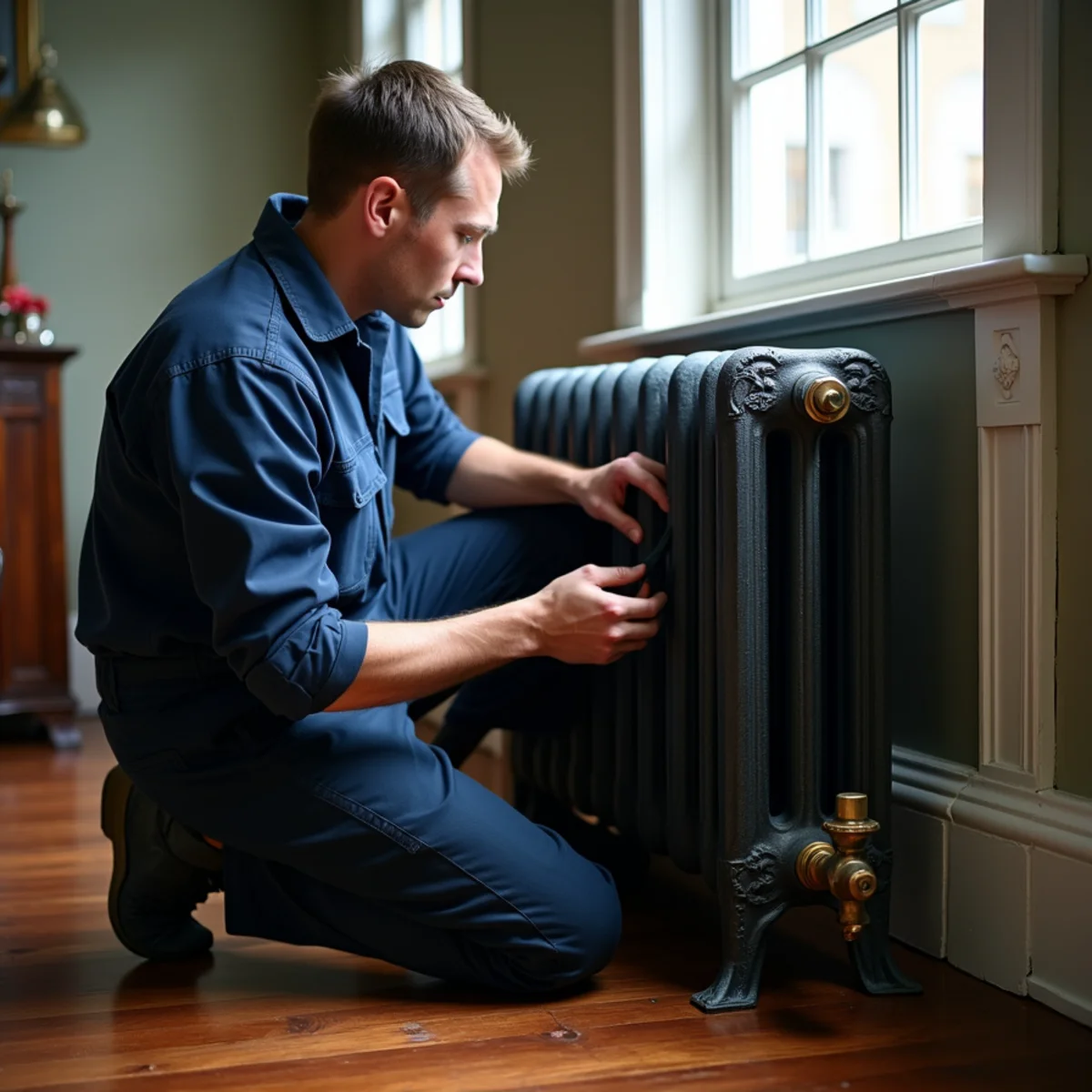 Servicing ornate cast-iron radiator thermostatic air vent in historic home
