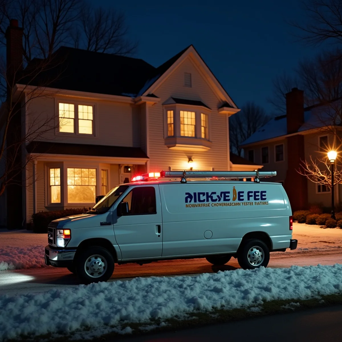 Emergency HVAC service vehicle in residential Morristown driveway during midnight heating call