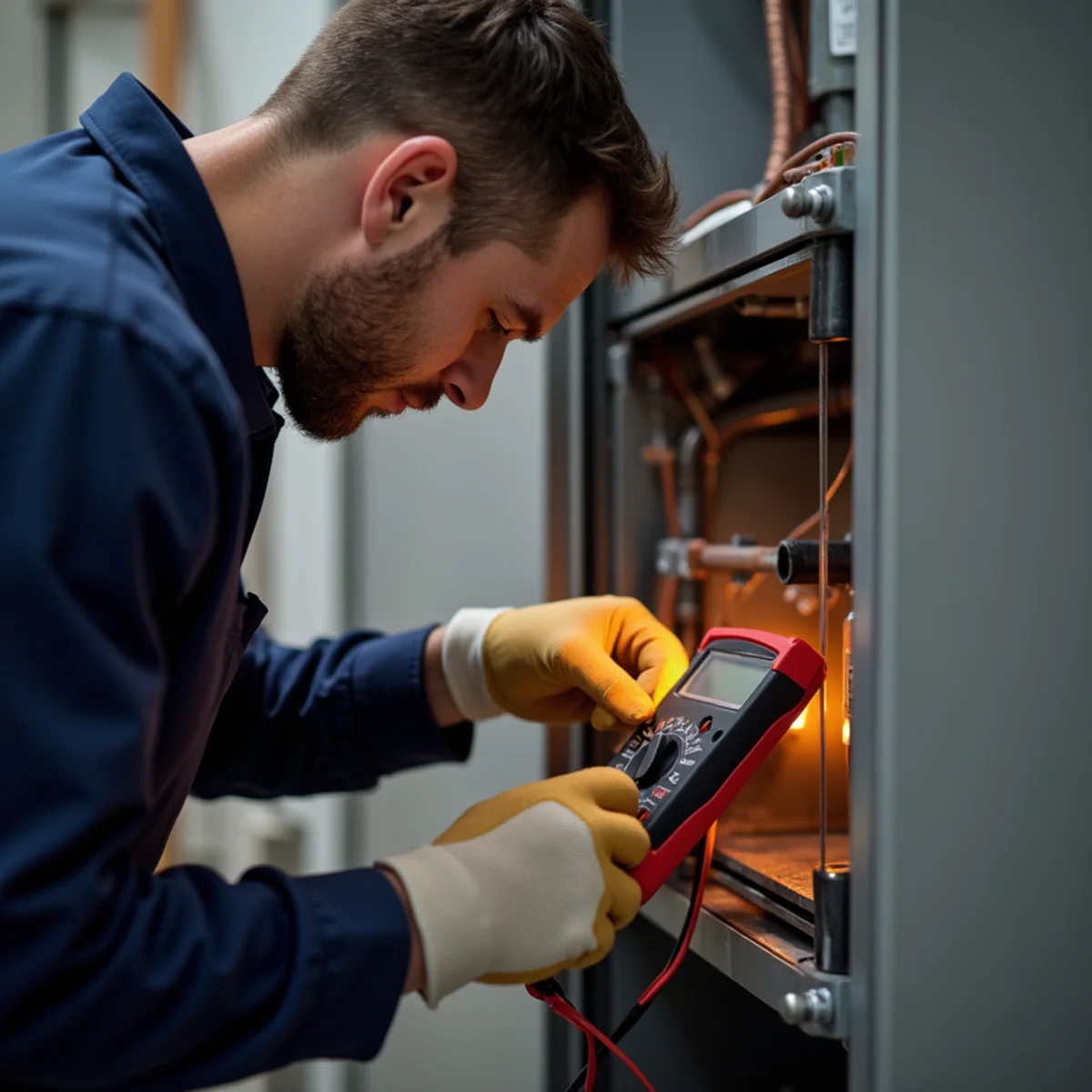 Technician testing silicon nitride hot surface ignitor with digital multimeter