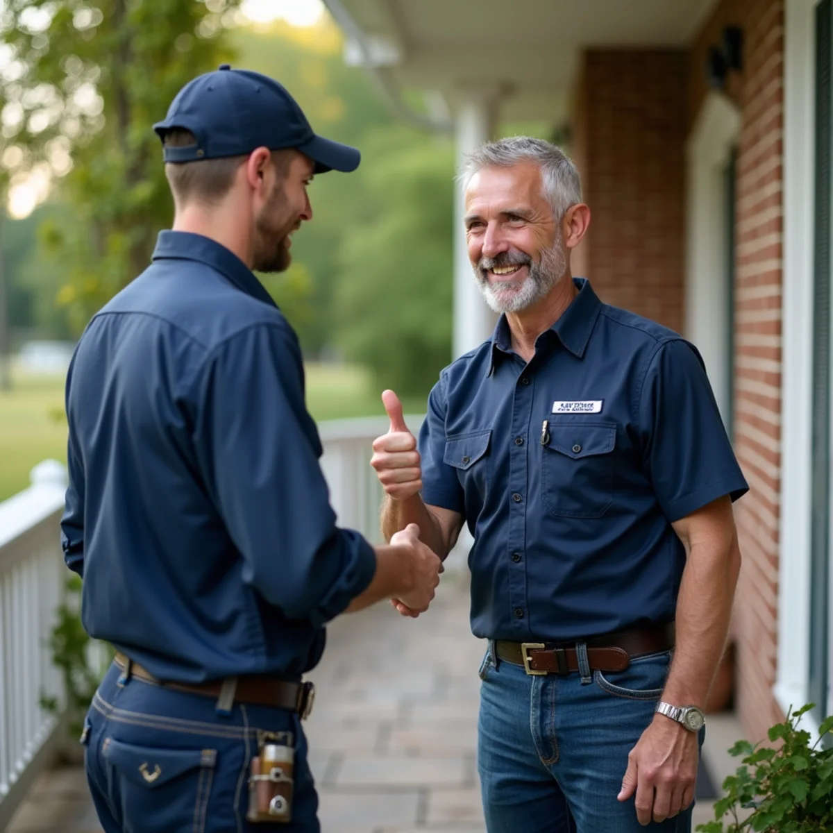 Homeowner shaking hands with licensed HVAC technician following heating repair